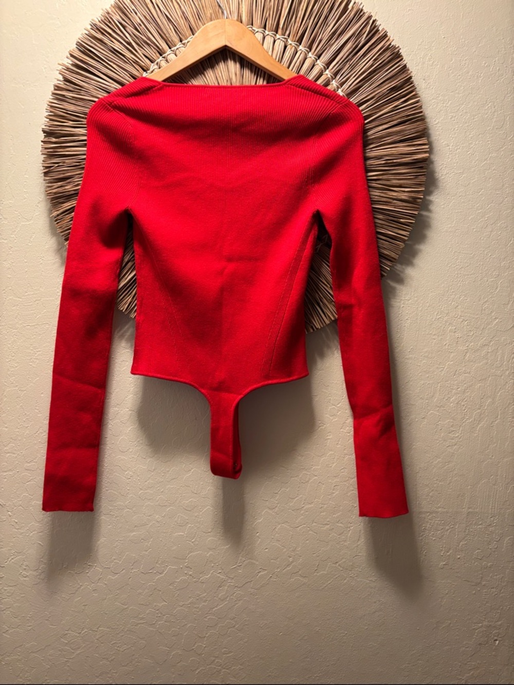 Square Neck Long Sleeve Red Ribbed Bodysuit - Picture 3 of 6